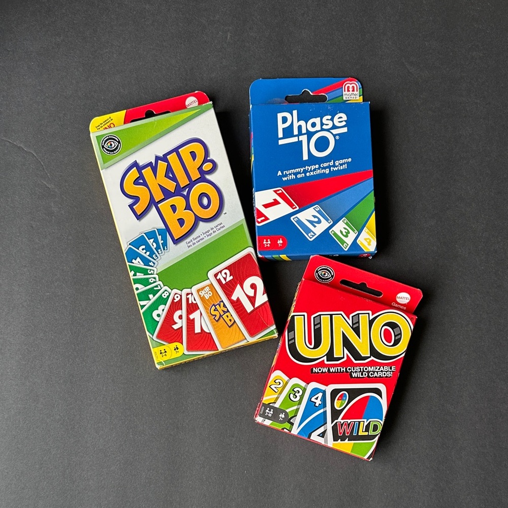 Mattel Colorful Card Game Trio - Skip-Bo, Phase 10, UNO